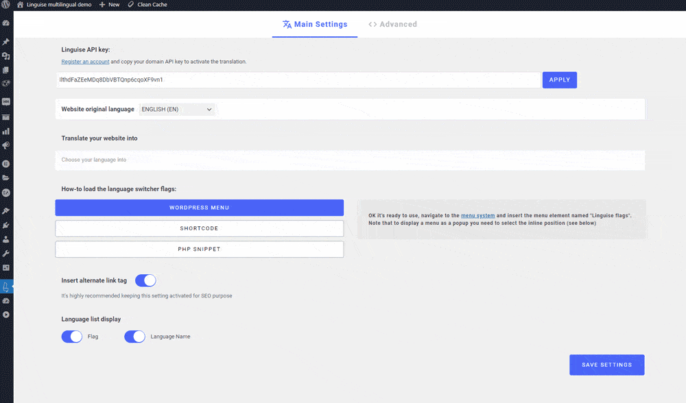 Change language settings, English to another language