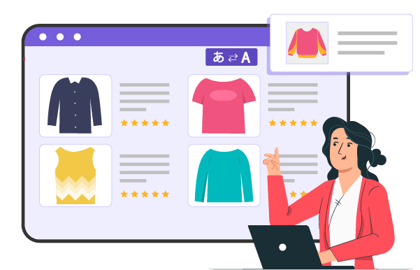 A woman in a blazer interacts with a digital screen displaying various clothing designs. The screen shows different types of shirts and tops.