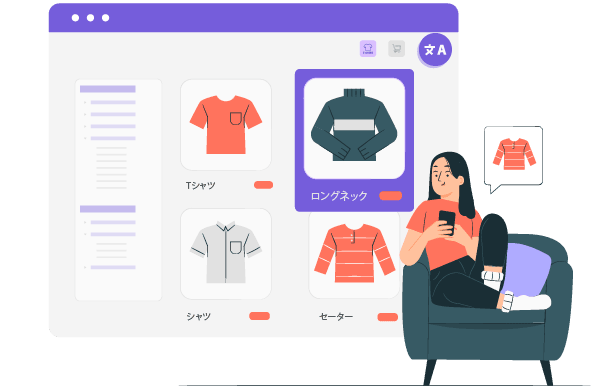 A woman sitting on a sofa using a computer to design clothes. The computer screen displays various clothing designs.