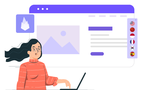 A person interacting with web design elements on a screen. The illustration depicts various web design components.