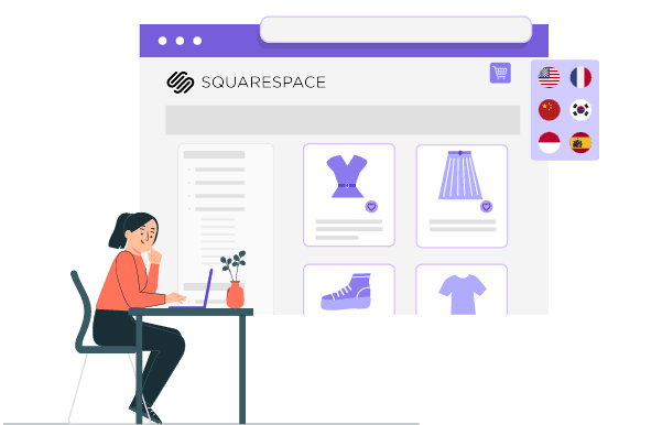 A woman sitting at a desk designing a website on Squarespace.