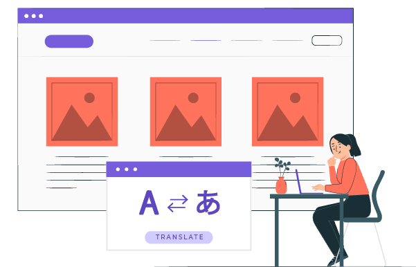 Woman sitting at desk. Website wireframe on screen.