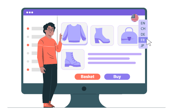 A person interacting with a computer screen showing an online shopping interface. The screen displays various product images.