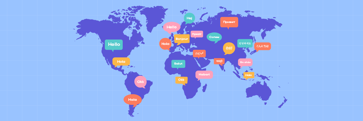 A world map with various countries highlighted and speech bubbles. Global communication concept.
