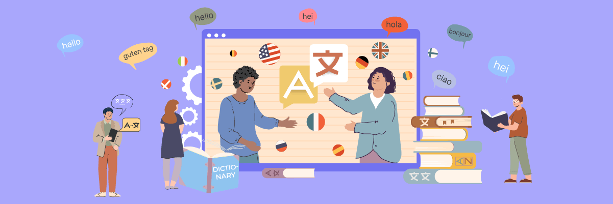 An illustration of people working together on computers with brainstorming symbols surrounding them. They appear to be in a meeting or discussion.