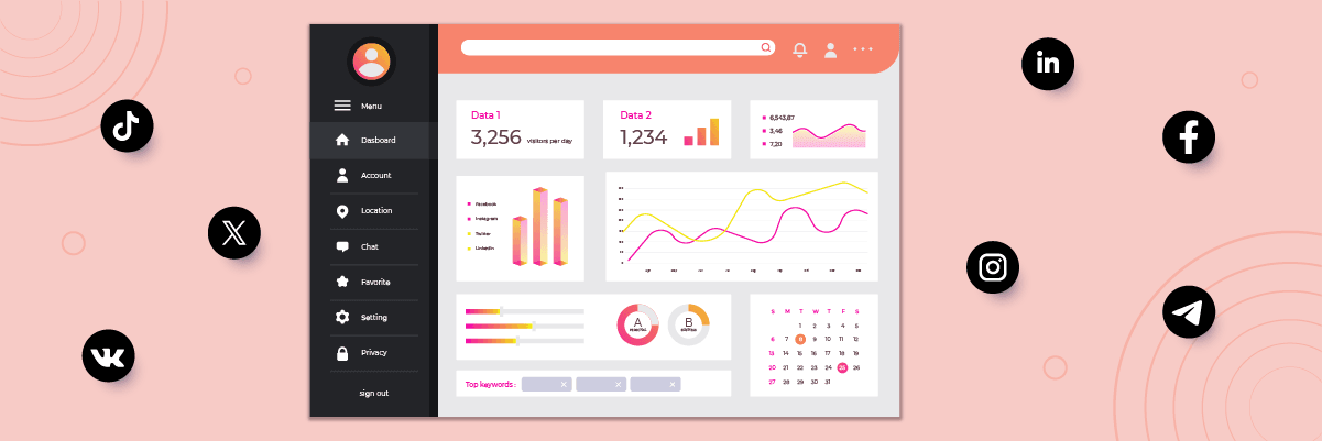 A futuristic digital dashboard on a black background. White icons and graphs are visible.