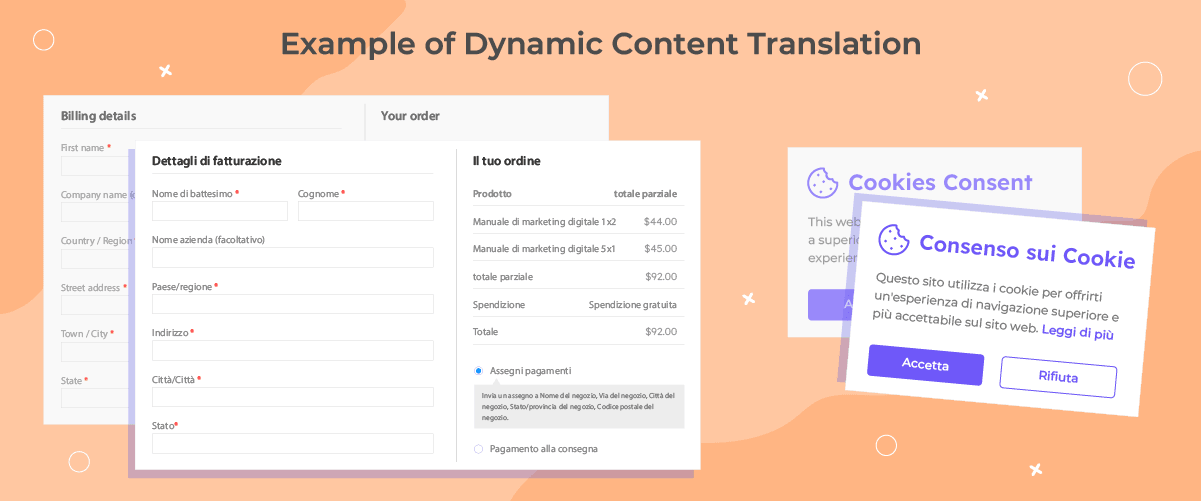 Screenshot of dynamic content translation interface. The image shows a translation platform with multiple sections.