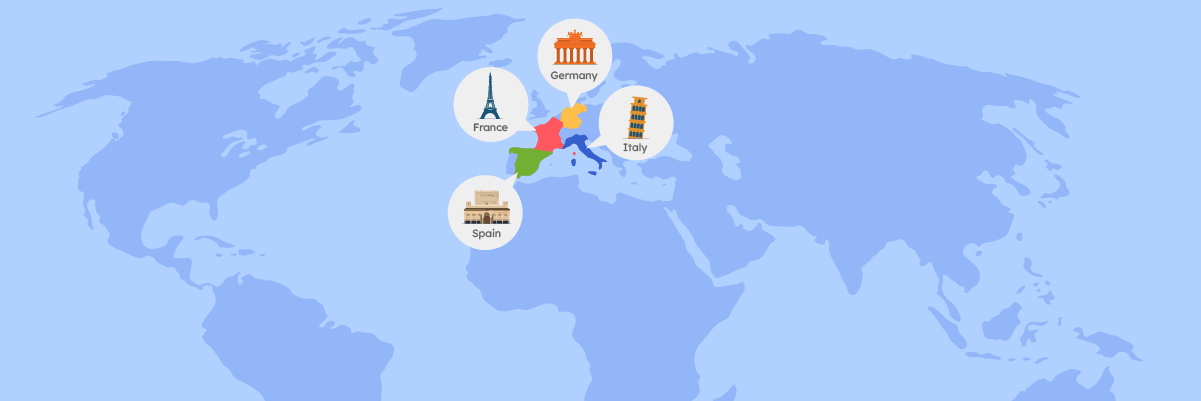 A world map showing various regions and icons. The map appears to be in grayscale.