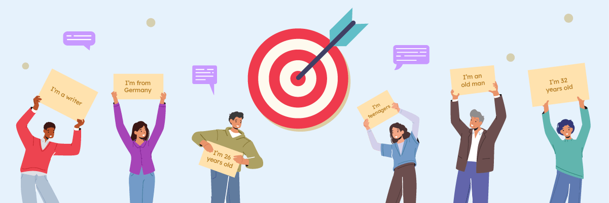 A line of business people holding up signs and aiming at a target. They appear to be in a discussion.