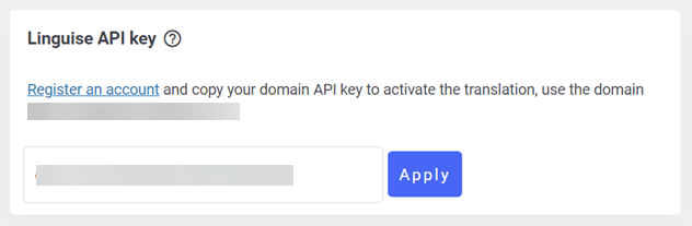 Linguaise API key activation form with input field and apply button