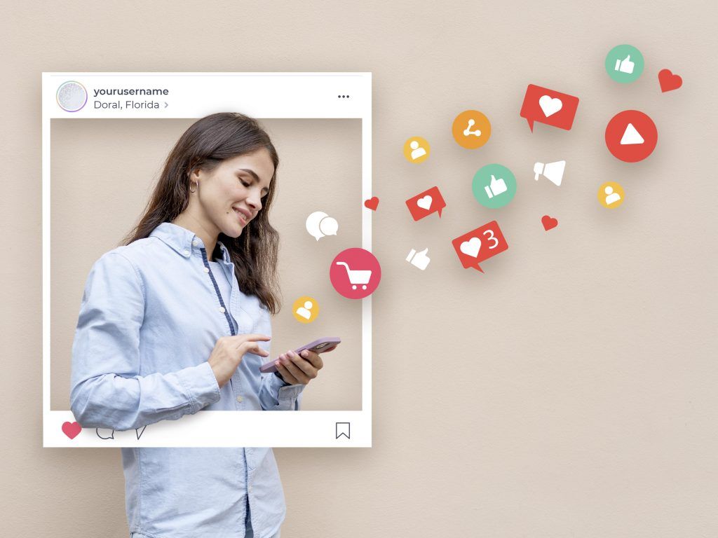A young woman with a smartphone surrounded by social media icons. Various colorful likes and hearts float around her.