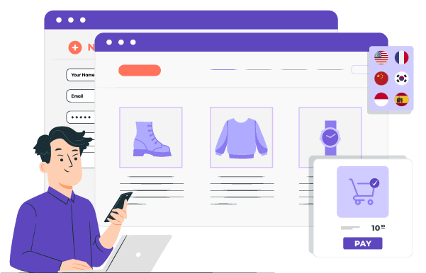 A man interacting with a website interface. The interface shows a product page.