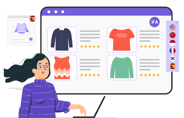 A woman sitting in front of a computer screen with clothing designs. The screen displays various garments.