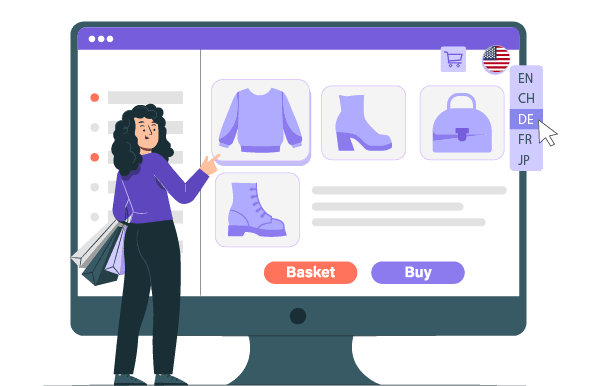 A woman pointing at a virtual closet with clothing and shoes. Virtual shopping concept.