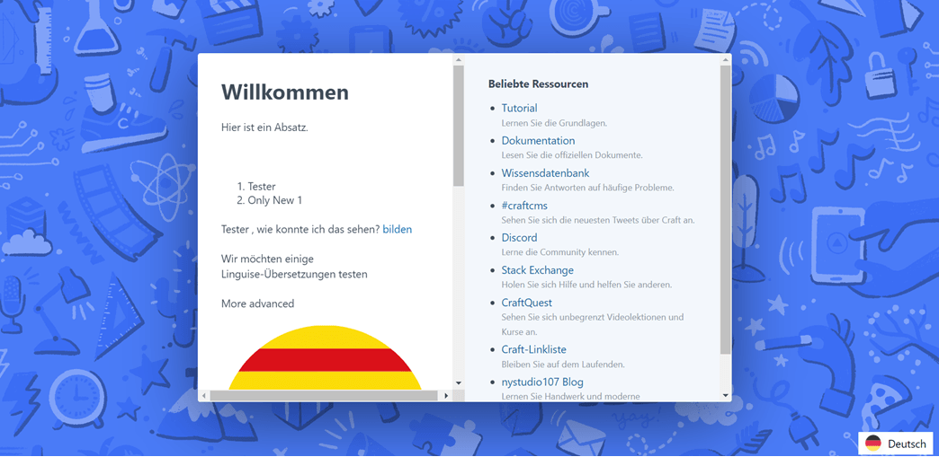 A dark webpage with a welcome message in German. Various icons are visible in the background.