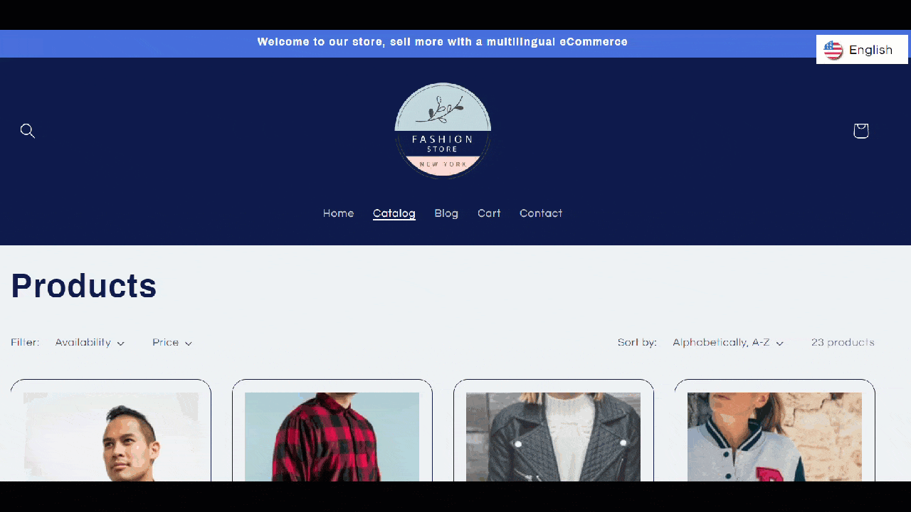 Products page with clothing items for men