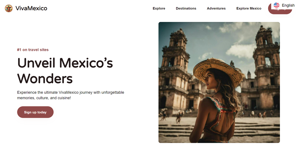 A woman wearing a large straw hat sits in front of a Mexican landmark. She appears to be in a historic or cultural setting.
