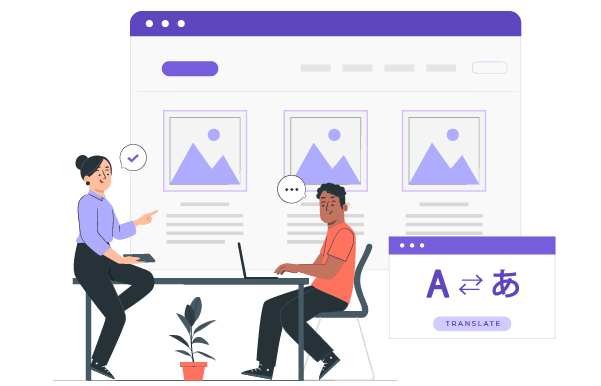 Two people sitting at a desk, working on a large computer screen displaying a website design. They appear to be collaborating on a project.
