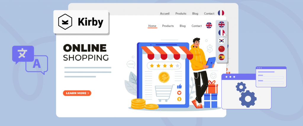 Um diagrama de compras online no site Kirby. Ilustração de uma pessoa fazendo compras online.