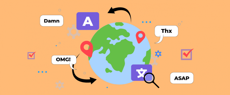 A black background with white line drawings of a globe and various communication icons. The icons include a chat bubble, a gear, and a location pin.