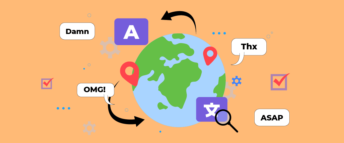 A black background with white line drawings of a globe and various communication icons. The icons include a chat bubble, a gear, and a location pin.