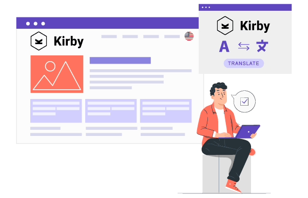 A line drawing of a person sitting with a laptop beside Kirby AIO interface.