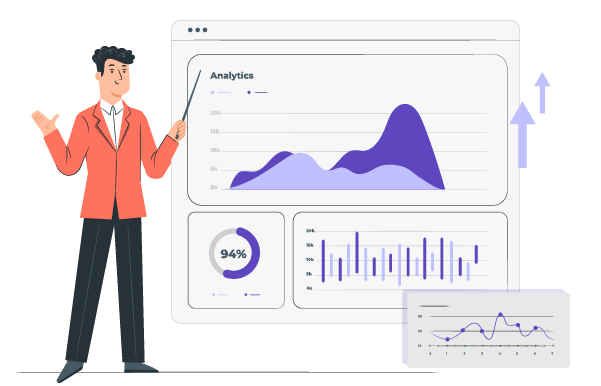 A man presenting data analysis on a large screen
