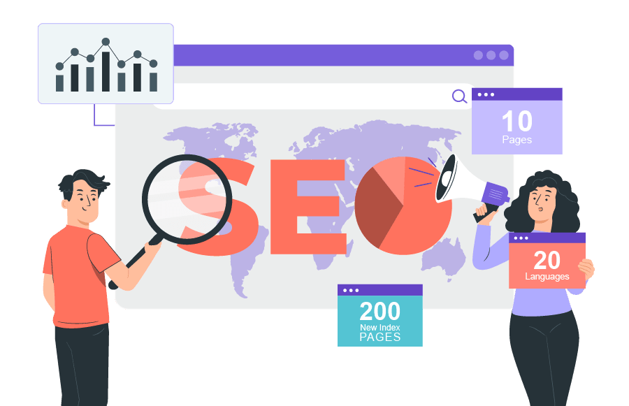 Two people standing on either side of a large screen displaying SEO, a magnifying glass, and a globe. The screen shows various digital elements.