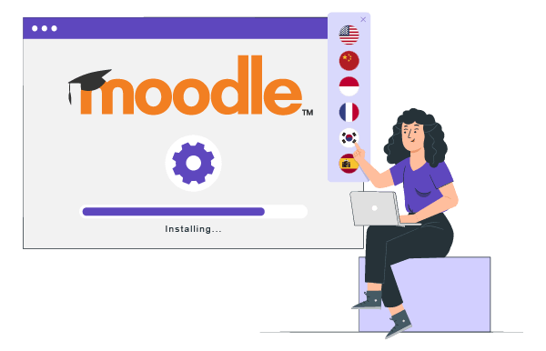 A woman sitting at a desk with a Moodle screen