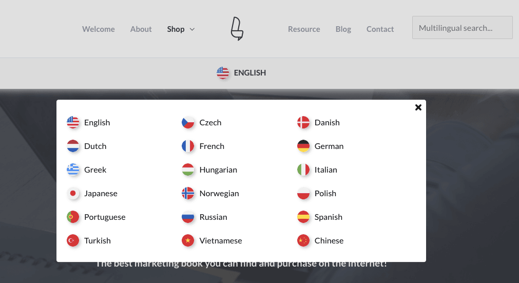 Dark website menu with icons and categories listed