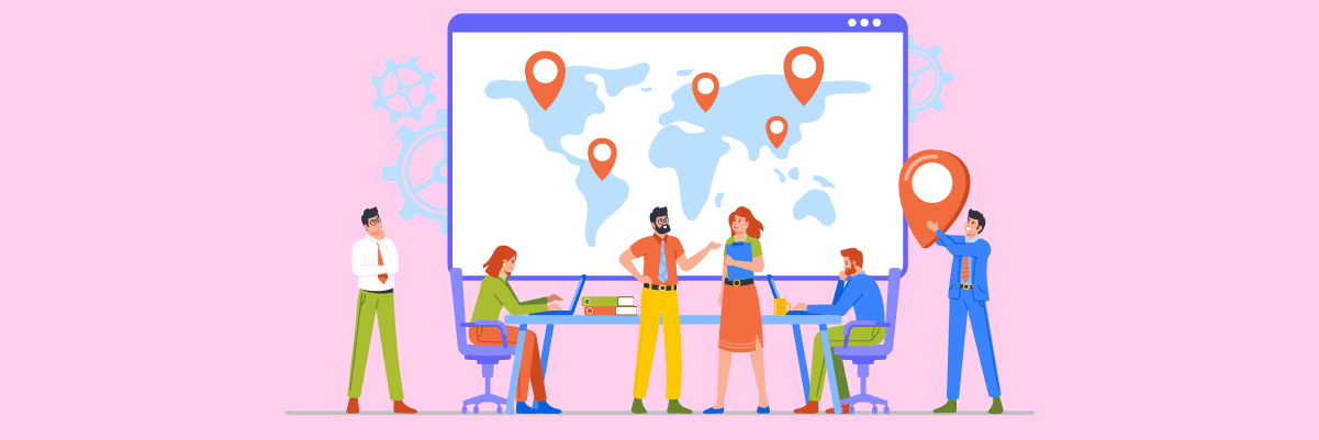 A group of people in a meeting with a world map. Brainstorming ideas.