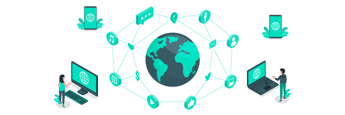 Illustration of global network with computers and devices.