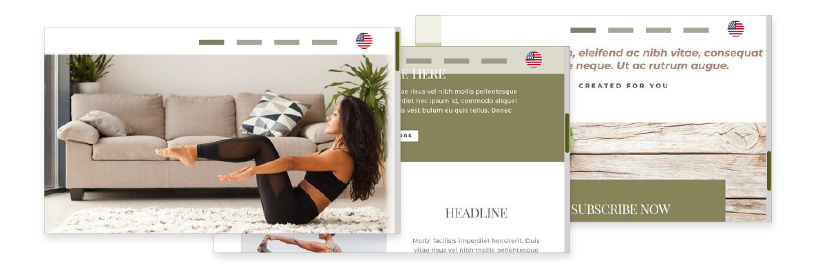 A woman in black workout clothes performing a yoga pose on a beige carpet in front of a couch