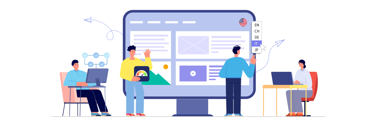 People working together around a big monitor. Team collaboration concept.