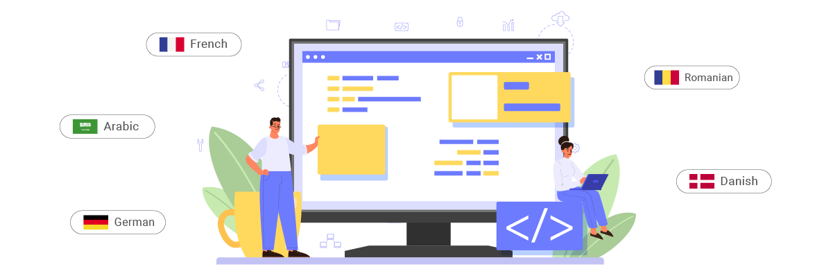 Illustration of a computer screen with coding elements and flags representing different languages.