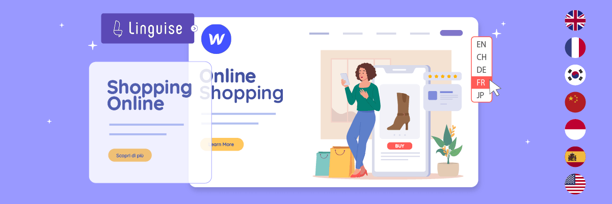 Black and white illustration of online shopping. A woman shopping online with various items.