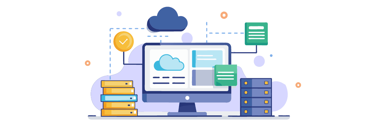 A line drawing of a computer with cloud icons.