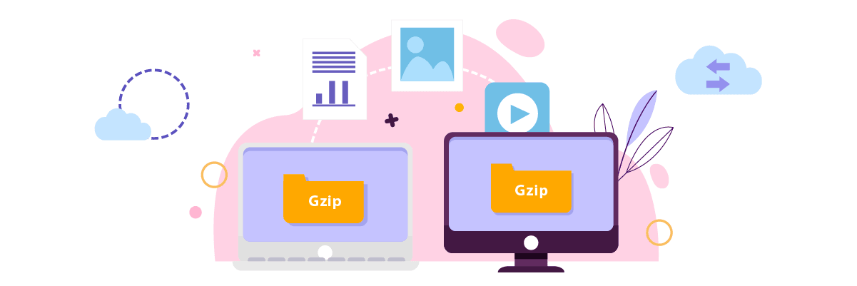 Two computer screens with files on a black background. Online file transfer concept.