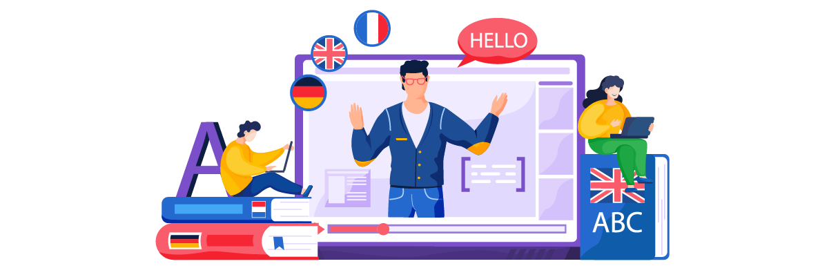 A colorful illustration of a laptop with a man teaching languages on the screen, surrounded by books and flags.