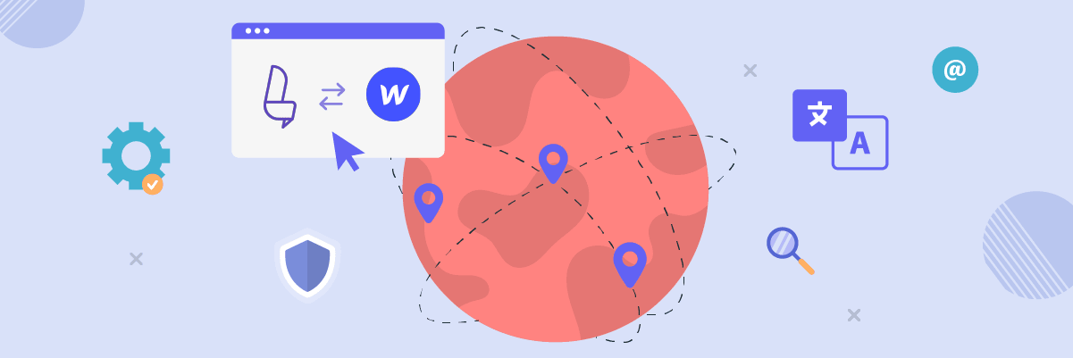A line drawing of a world map with network connections. Various symbols surround the map.