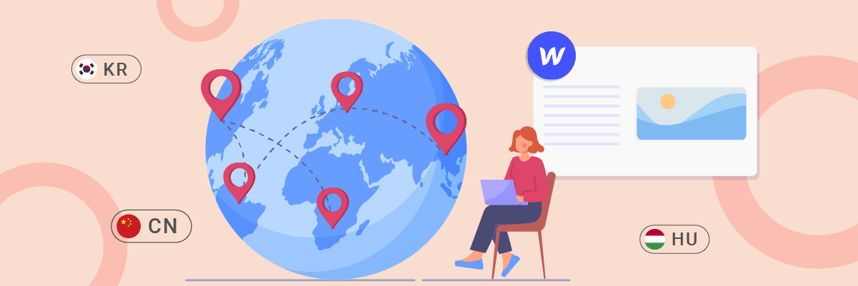 A person sitting next to a large globe with network connections. A screen with lines and a dot.
