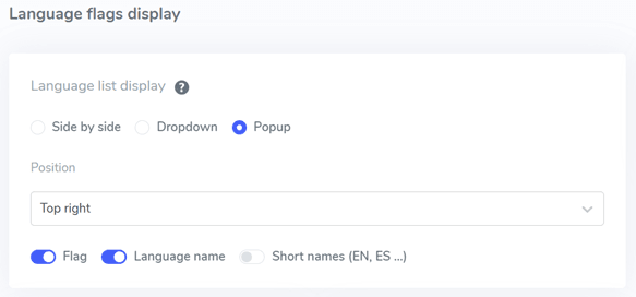 Settings menu for language flags display