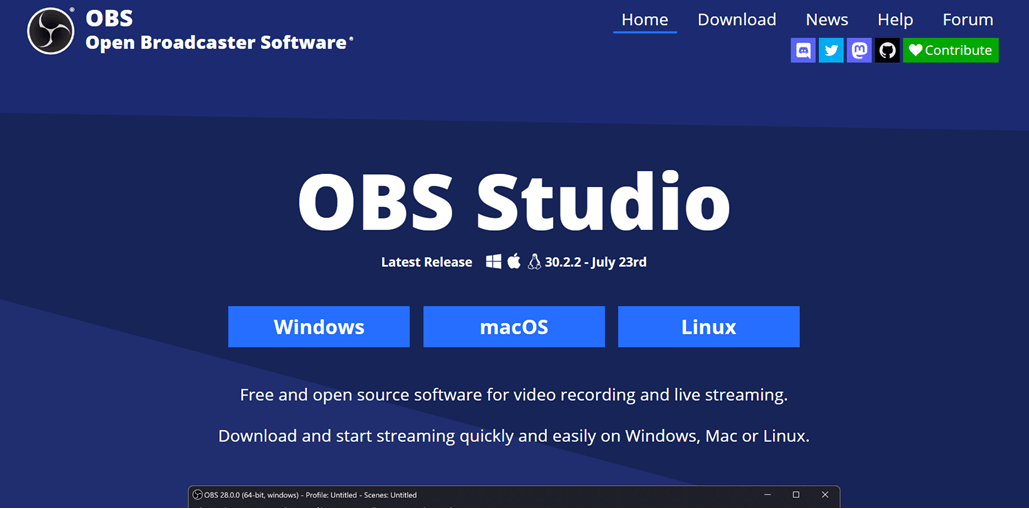 Open Broadcasting Software logo and download options. OBS Studio offers free and open-source live streaming and video recording software.
