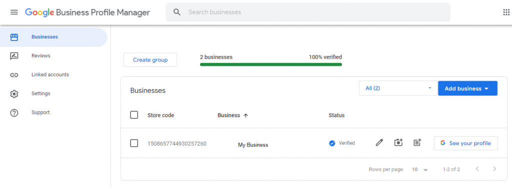 Google Business Profile Manager dashboard screenshot. A tool for managing business listings.