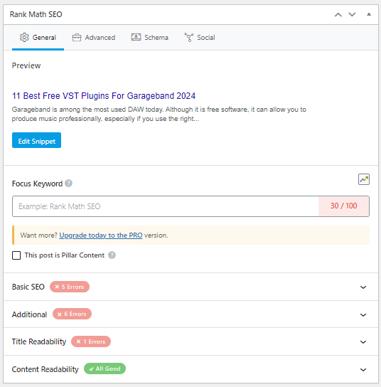 Rank Math SEO plugin settings for optimizing content
