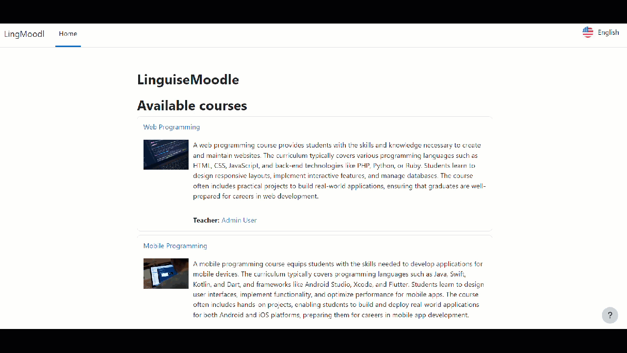 Screenshot of Linguistic Moodle available courses page.