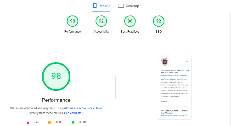 Web page performance score. Green circle with a score of 98.