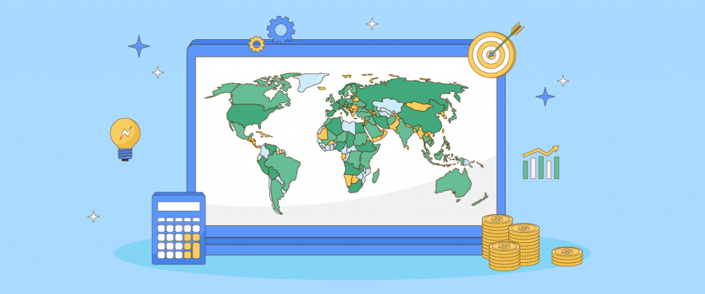 Uma ilustração colorida de um laptop com um mapa-múndi na tela cercado por ícones de finanças e negócios.