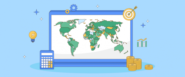 A colorful illustration of a laptop with a world map on the screen surrounded by finance and business icons.
