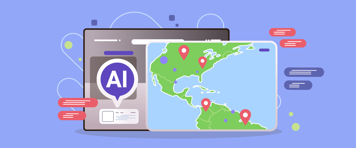 A computer screen displaying a map of North and South America with AI technology icons. The AI logo is on the left side of the screen.